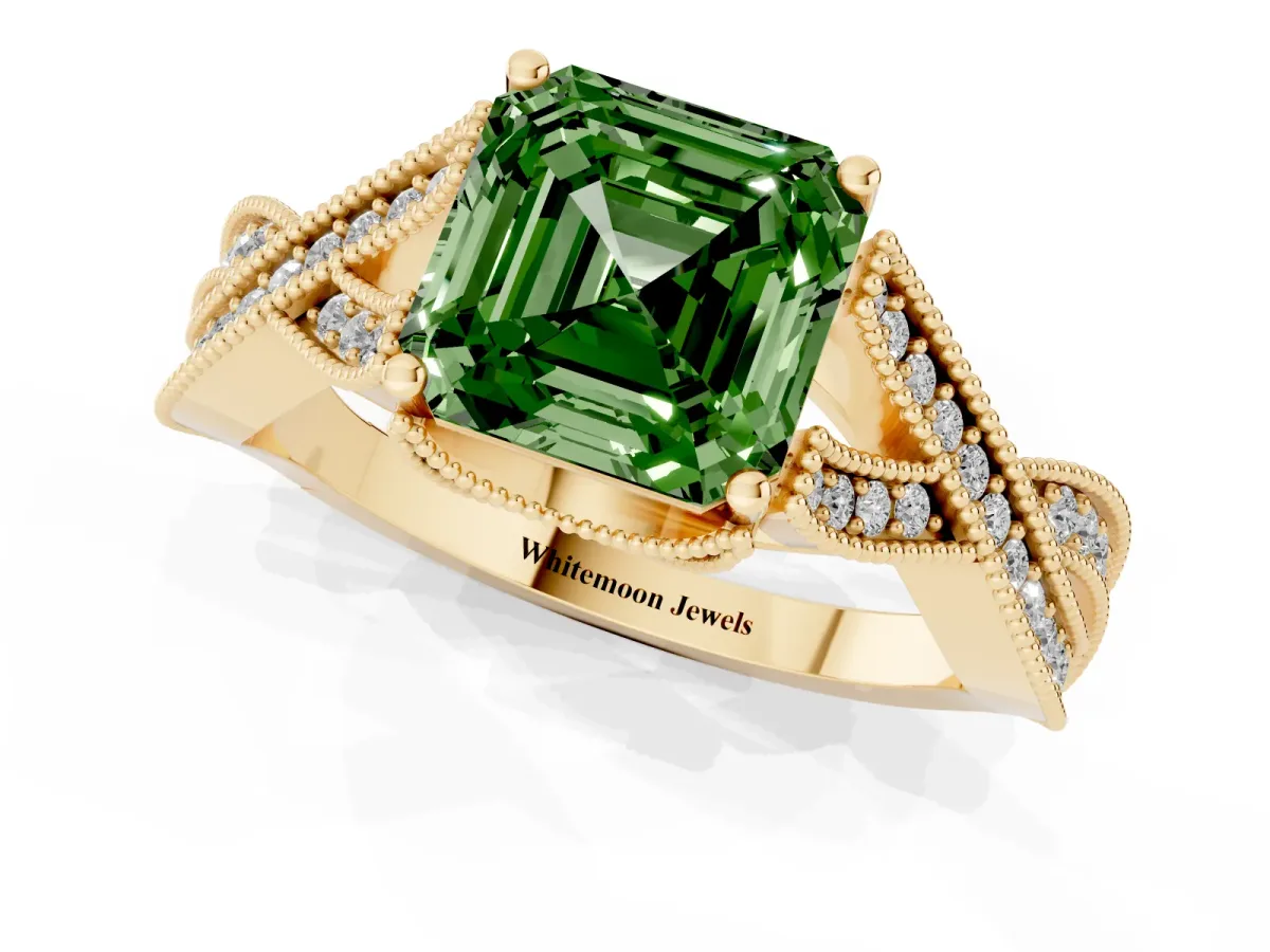 Fancy Green Asscher Cut Cut Diamond Twisted Band with Milgrain Pave Setting and Four-Prong Setting Yellow gold