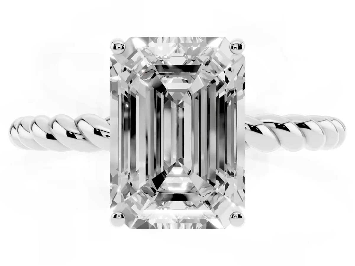 Emerald Cut Solitaire Twist Band Ring with Four-Prong Setting Platinum