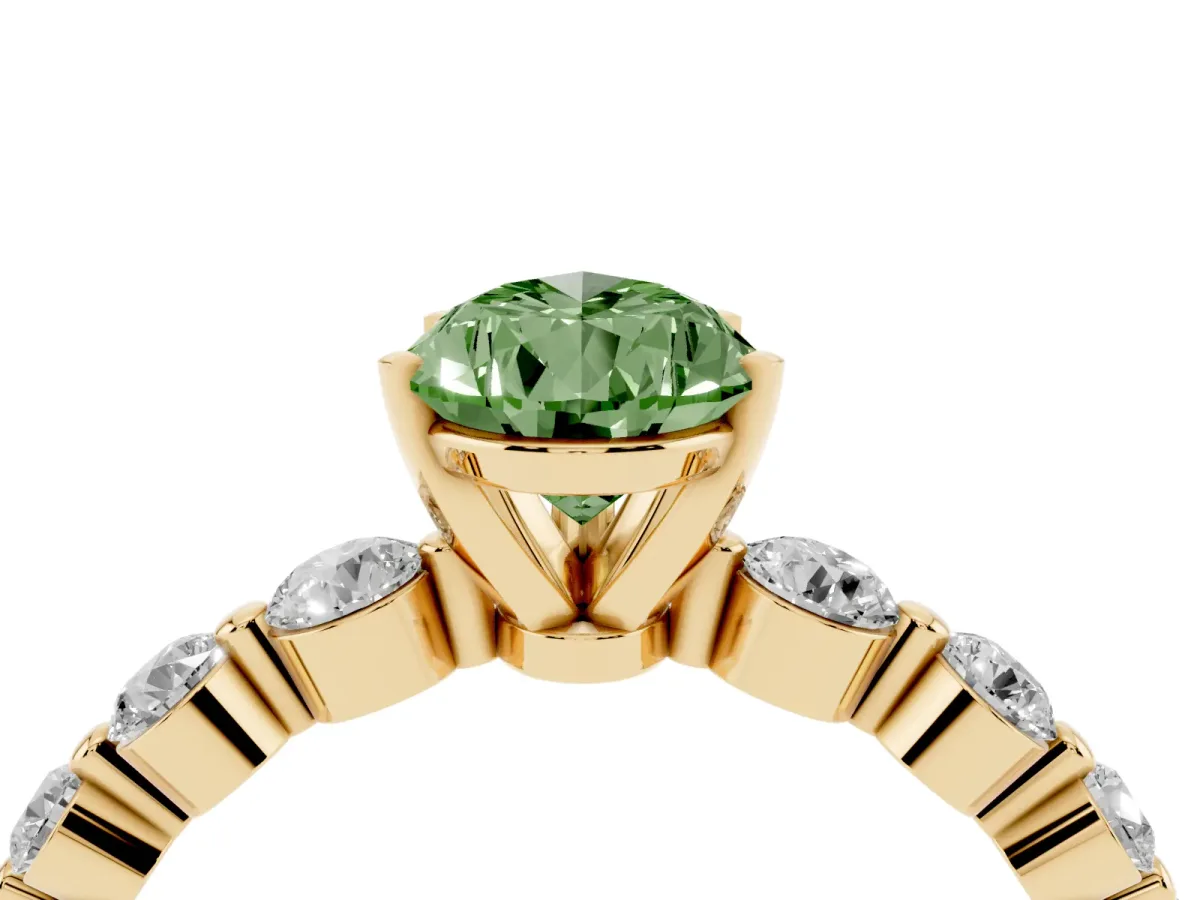 Fancy Green Pear Cut Solitaire Diamond Ring with Pave Band and Four-Prong Setting Yellow gold