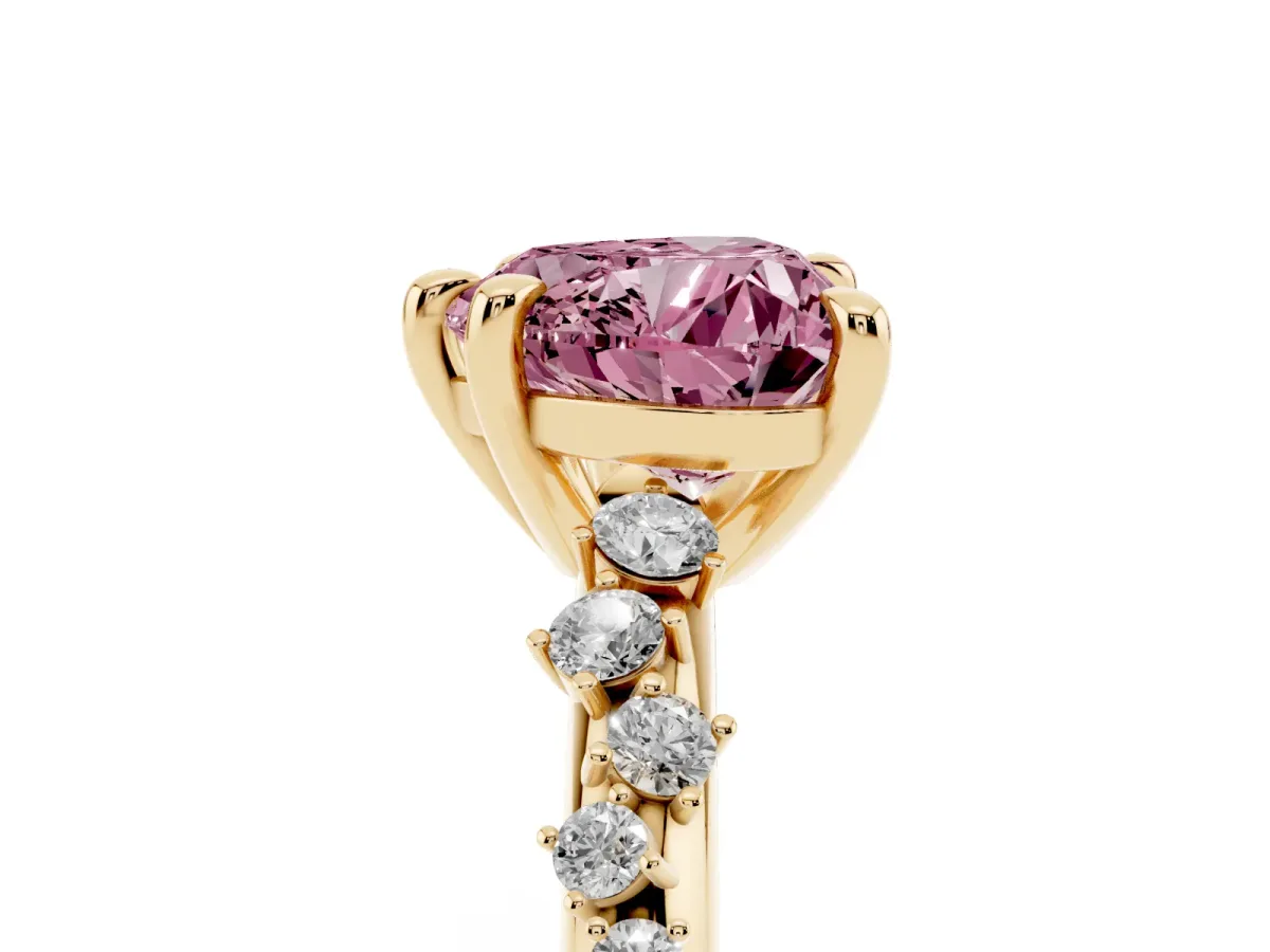 Fancy Pink Heart Cut Cut Diamond Vine Band with Four-Prong Setting Yellow gold