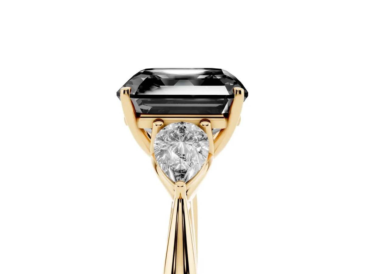 Fancy Black Asscher Cut Diamond Three-Stone Ring with Pear Side Stones and Prong Setting Yellow gold