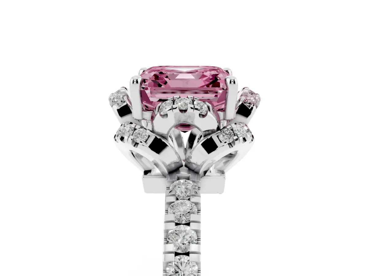 Fancy Pink Asscher Cut Halo Diamond Pave Band Ring with Four-Prong Setting Silver
