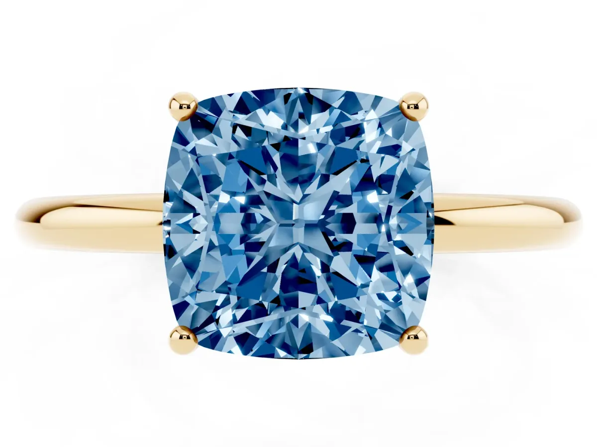 Fancy Blue Cushion Cut Solitaire Diamond Ring with a Classic Band and Four-Prong Setting Yellow gold
