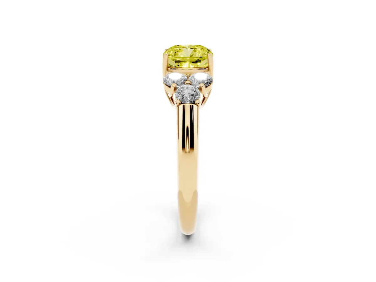 Fancy Yellow Cushion Cut Cut Diamond Cluster Ring with Round Accent Stones and Prong Setting on a Classic Band Yellow gold