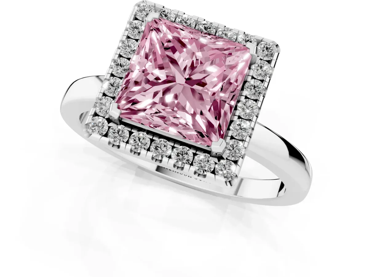 Fancy Pink Princess Cut Halo Diamond Solitaire with Pavé Band and Four-Prong Setting Platinum