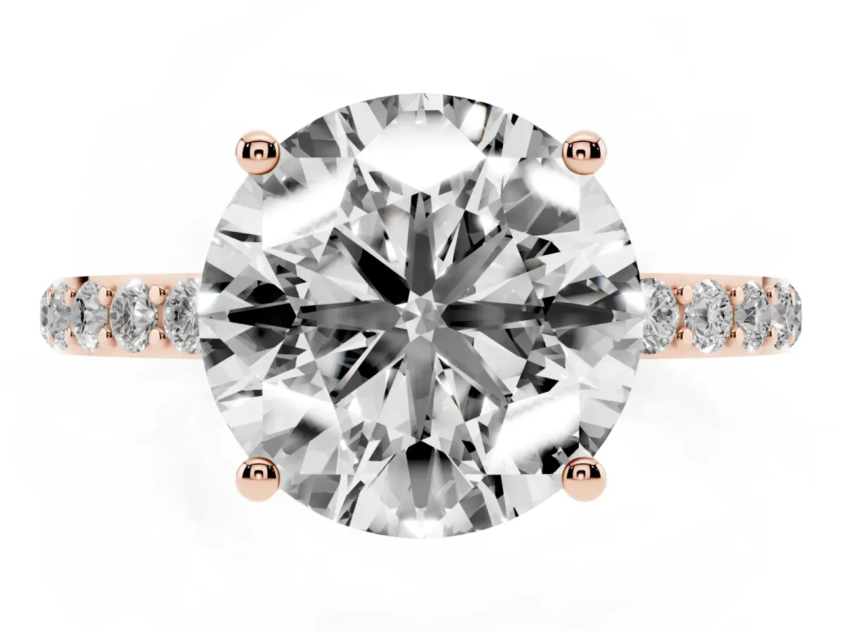 Round Cut Diamond Solitaire Ring with Round Pavé Shoulders and Prong Setting Rose gold