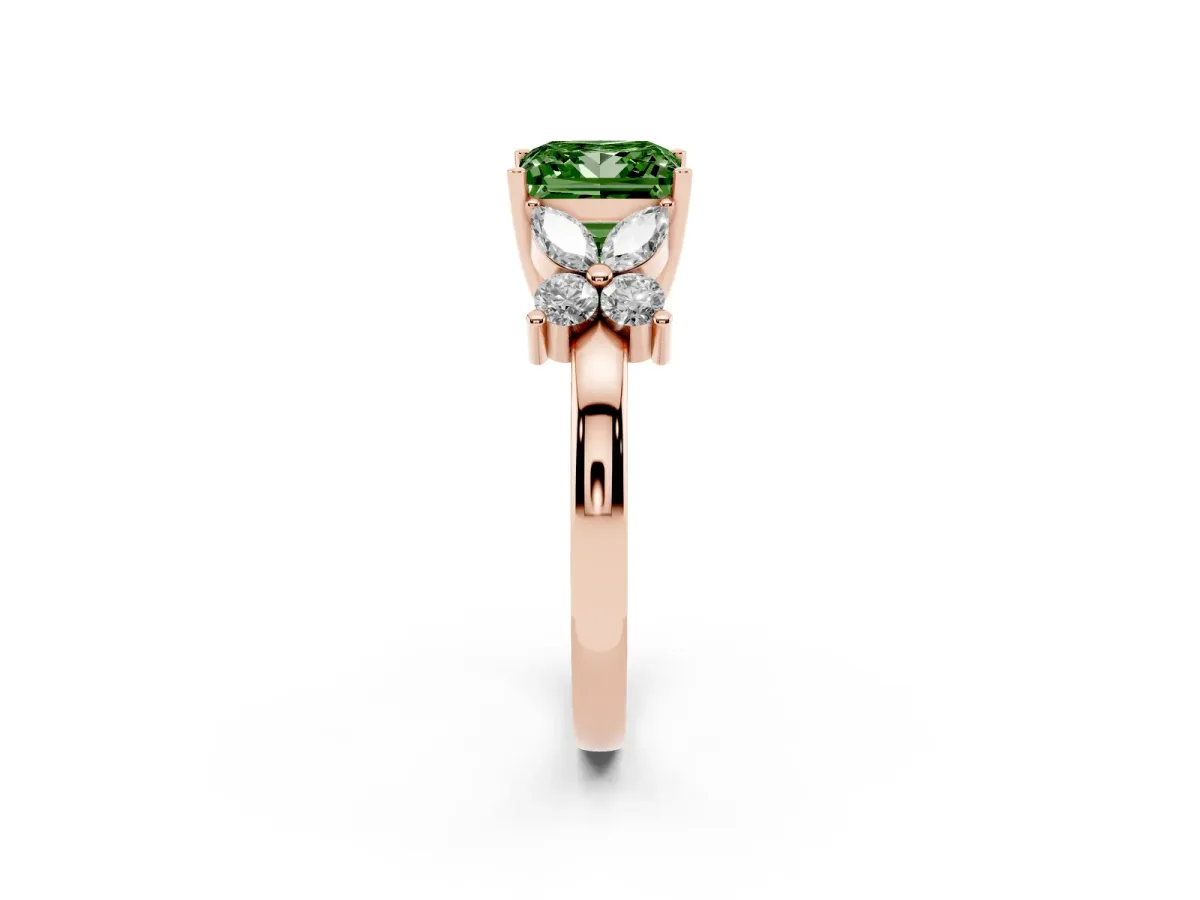 Fancy Green Princess Cut Diamond Floral Cluster Ring with Solitaire Band and Prong Setting Rose gold