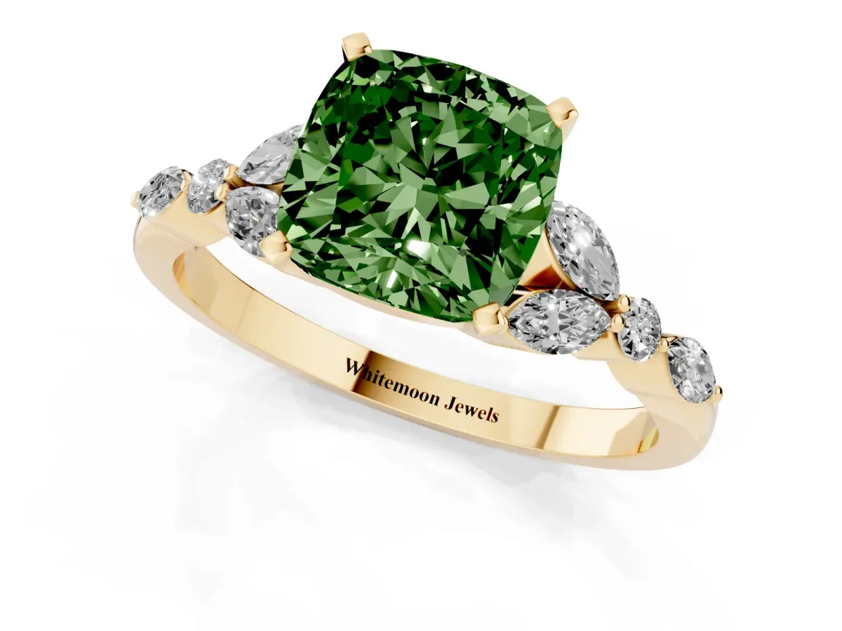 Fancy Green Cushion Cut Diamond Solitaire Ring with Side Stones and Four-Prong Setting Yellow gold