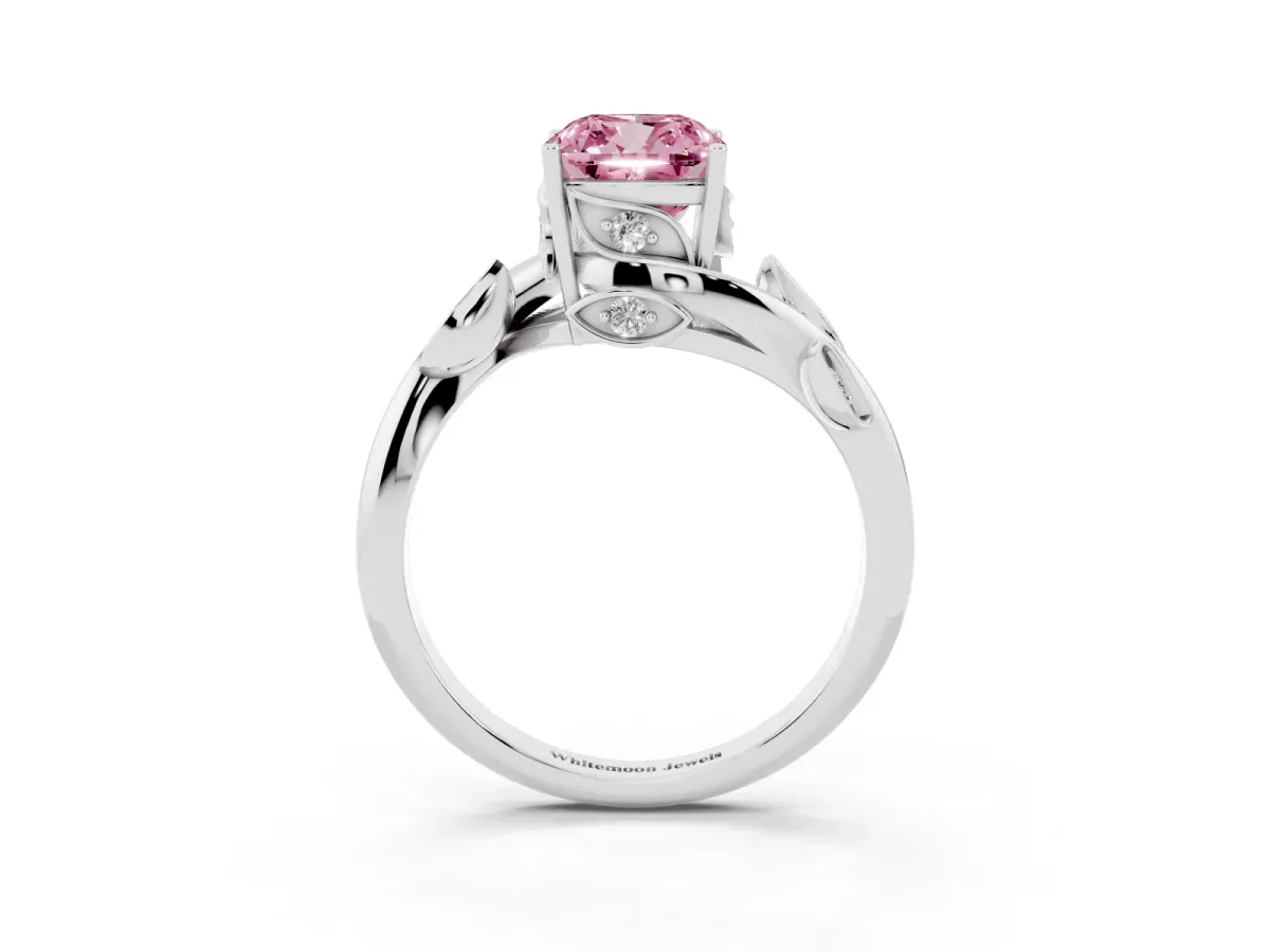 Fancy Pink Cushion Cut Solitaire Twist Engagement Ring with Leaf Accents and Prong Setting Platinum