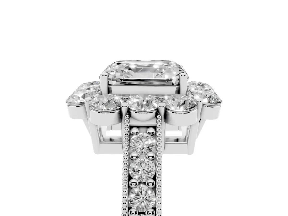 Asscher Cut Cut Halo Diamond Pavé Engagement Ring with Milgrain Detailing Platinum