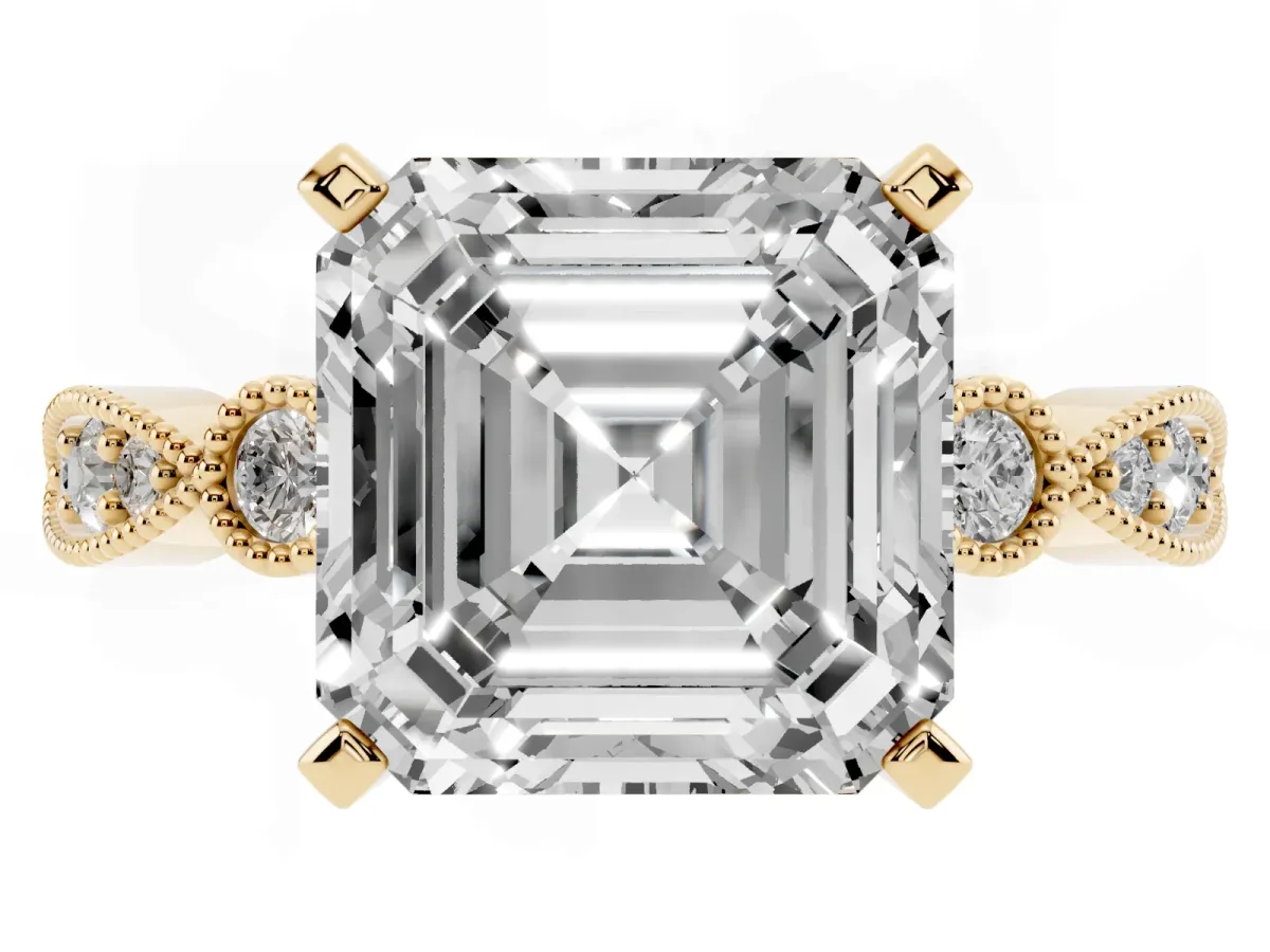 Asscher Cut Milgrain Bezel Diamond Engagement Ring with Solitaire Prong Setting Yellow gold