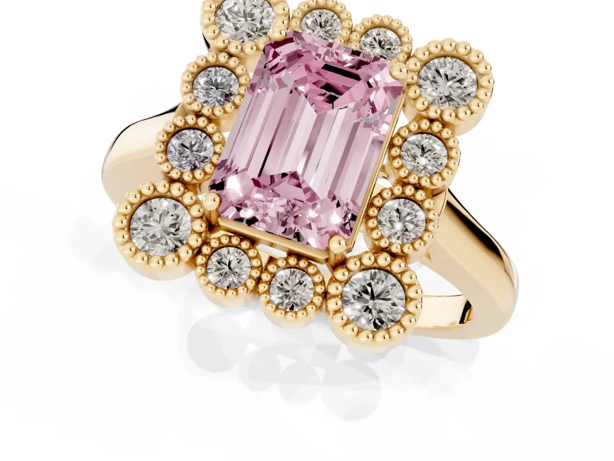 Fancy Pink Emerald Cut Halo Diamond Cluster Engagement Ring with Milgrain Bezel Setting and Solitaire Band Yellow gold