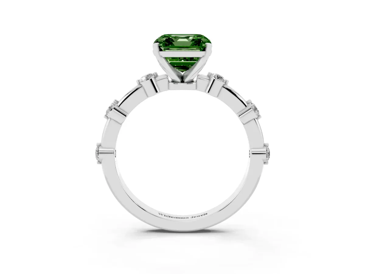 Fancy Green Asscher Cut Solitaire Diamond Ring with Bezel Set Side Stones and Prong Setting Silver