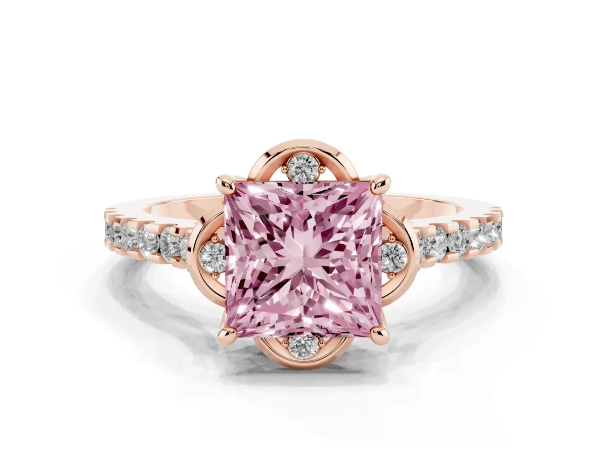 Fancy Pink Princess Cut Diamond Ring with Pavé Band and Floral Prong Setting Rose gold