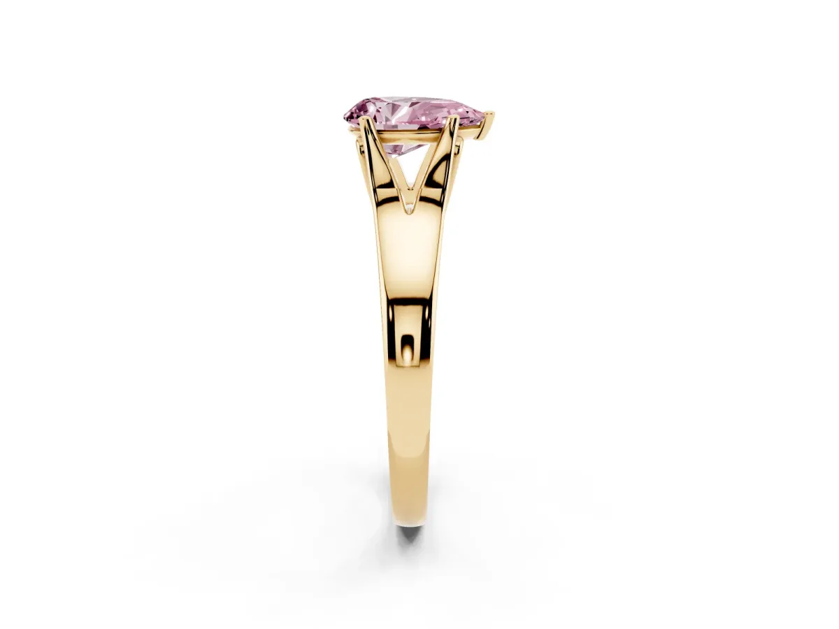 Fancy Pink Pear Cut Solitaire Diamond Ring with Cathedral Band and Four-Prong Setting Yellow gold