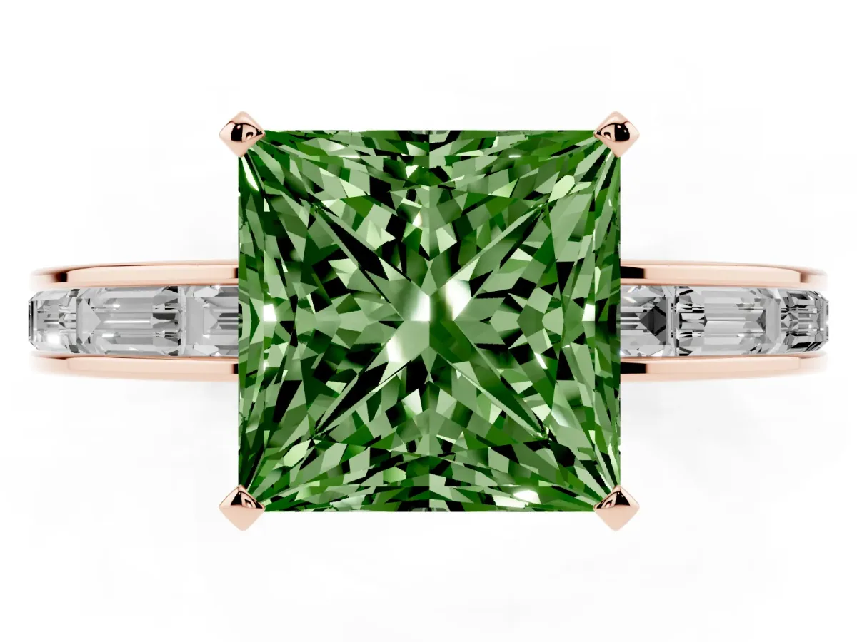 Fancy Green Princess Cut Solitaire Diamond Ring with Channel-Set Baguette Band and Four-Prong Setting Rose gold