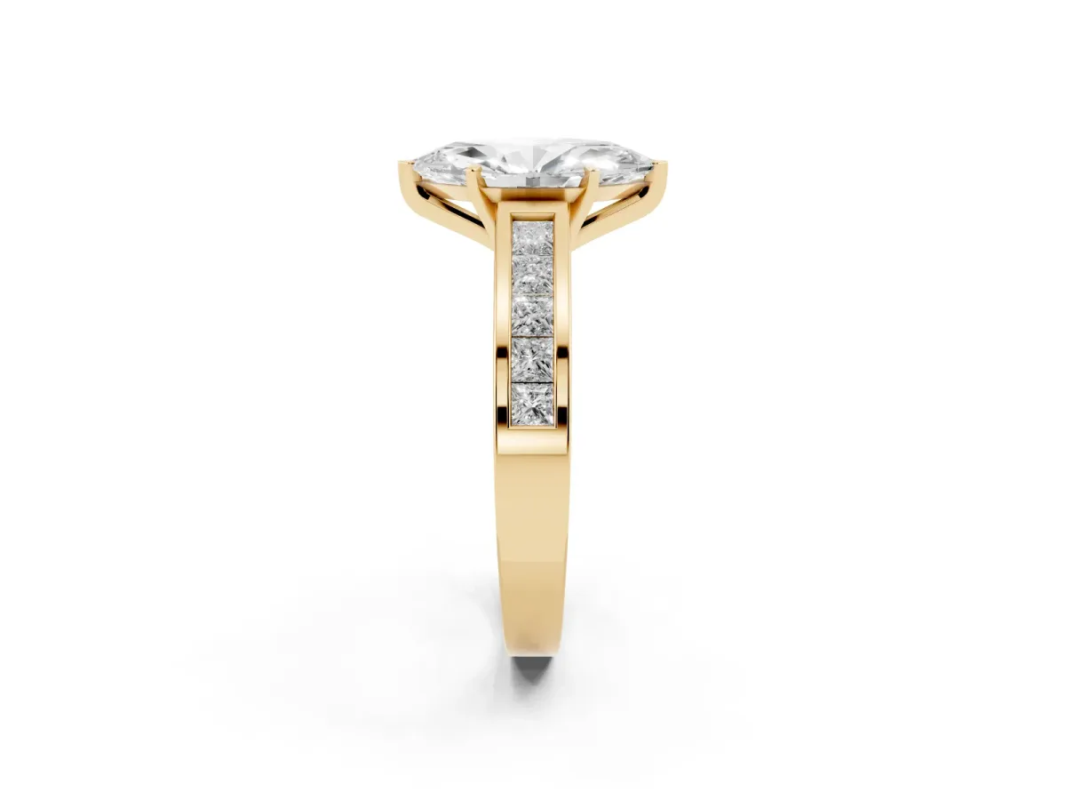 Marquise Cut Solitaire Diamond Ring with Channel-Set Band and Four-Prong Setting Yellow gold