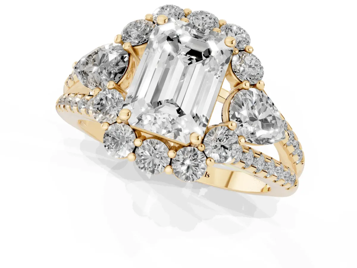 Emerald Cut Halo Split Shank Diamond Engagement Ring with Prong Setting Yellow gold