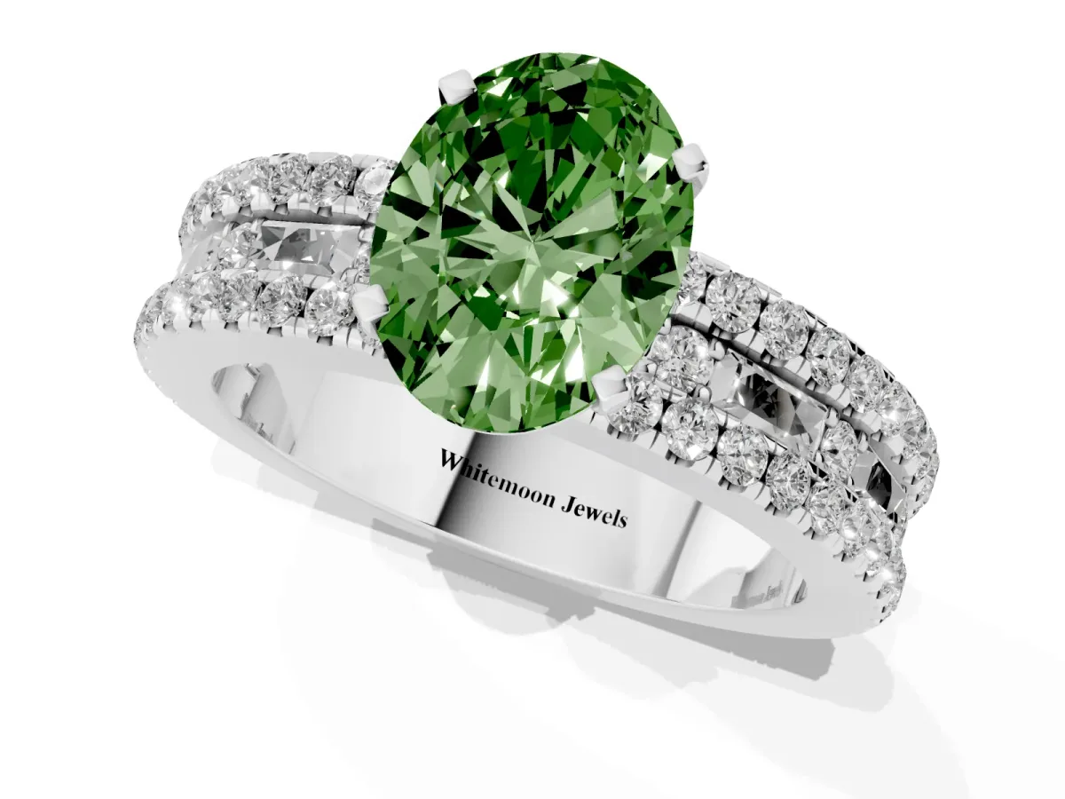 Fancy Green Oval Cut Diamond Solitaire Ring with Pavé and Channel Set Band Silver