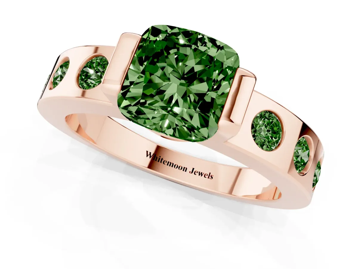Fancy Green Cushion Cut Brilliant Channel-Set Diamond Ring with Bezel Prong Setting Rose gold