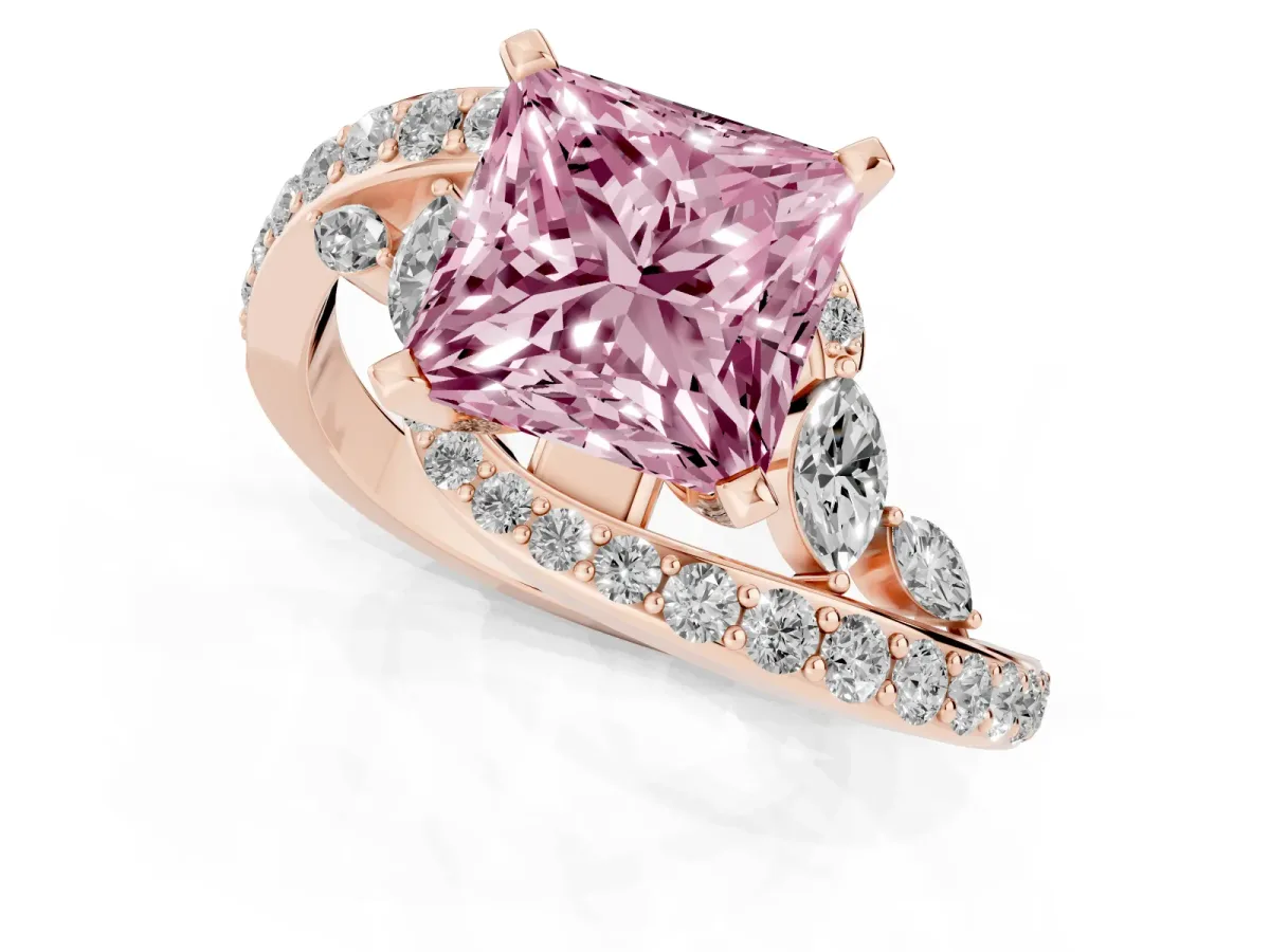 Fancy Pink Princess Cut Solitaire with Pavé Twist Band and Four-Prong Setting Rose gold