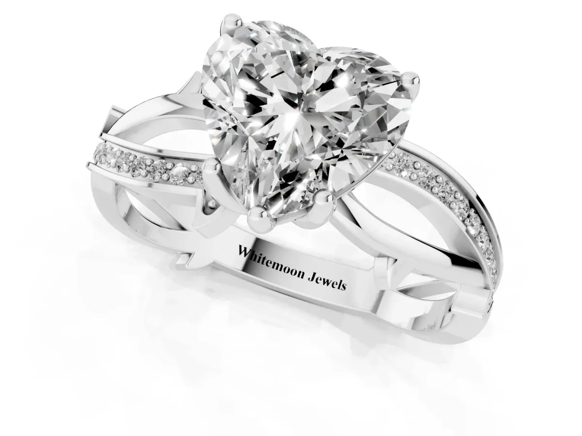 Heart Cut Solitaire Twist Band with Pavé Accents and Four-Prong Setting Silver