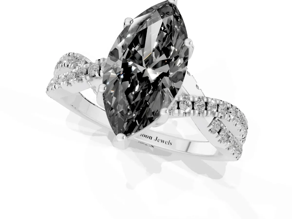 Fancy Black Marquise Cut Solitaire Twist Pave Diamond Engagement Ring with Prong Setting Silver