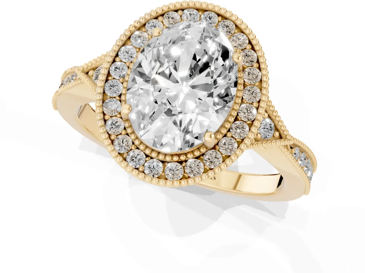 Oval Cut Halo Round Diamond Milgrain Pave Engagement Ring Yellow gold