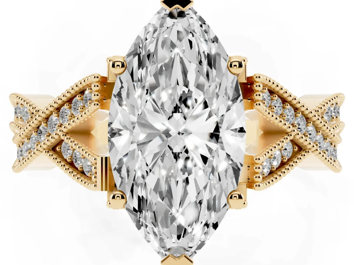 Marquise Cut Cut Diamond Twisted Band with Milgrain Pave Setting and Four-Prong Setting Yellow gold