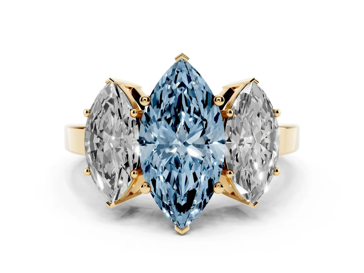 Fancy Blue Three-Stone Marquise Cut Cut Diamond Engagement Ring with Flat Band and Four-Prong Setting Yellow gold