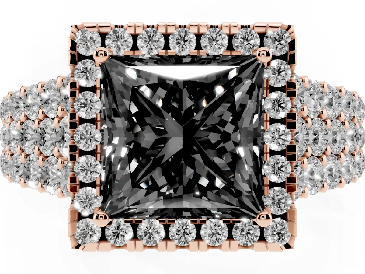 Fancy Black Princess Cut Diamond Halo Engagement Ring with Triple Row Round Pavé Band and Prong Setting Rose gold