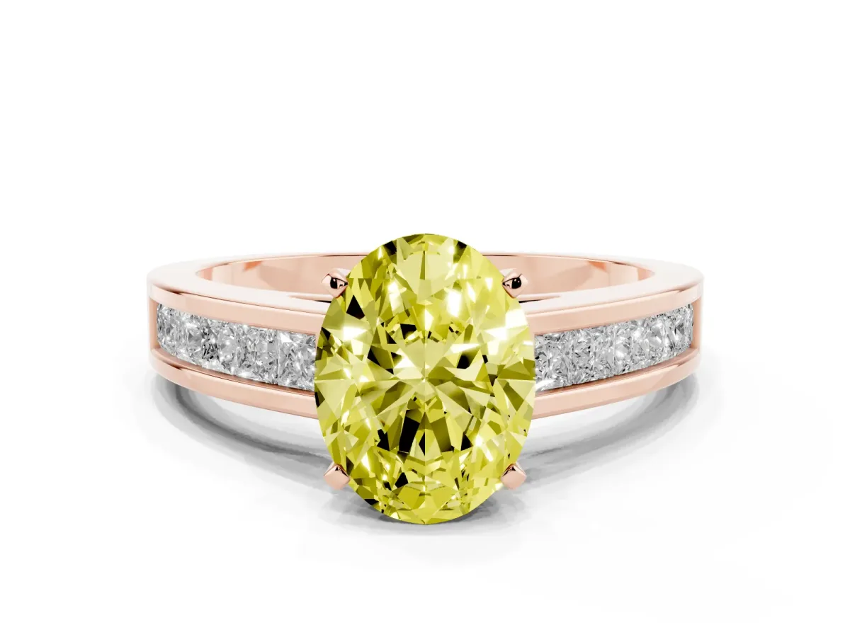 Fancy Yellow Oval Cut Solitaire Diamond Ring with Channel-Set Band and Four-Prong Setting Rose gold
