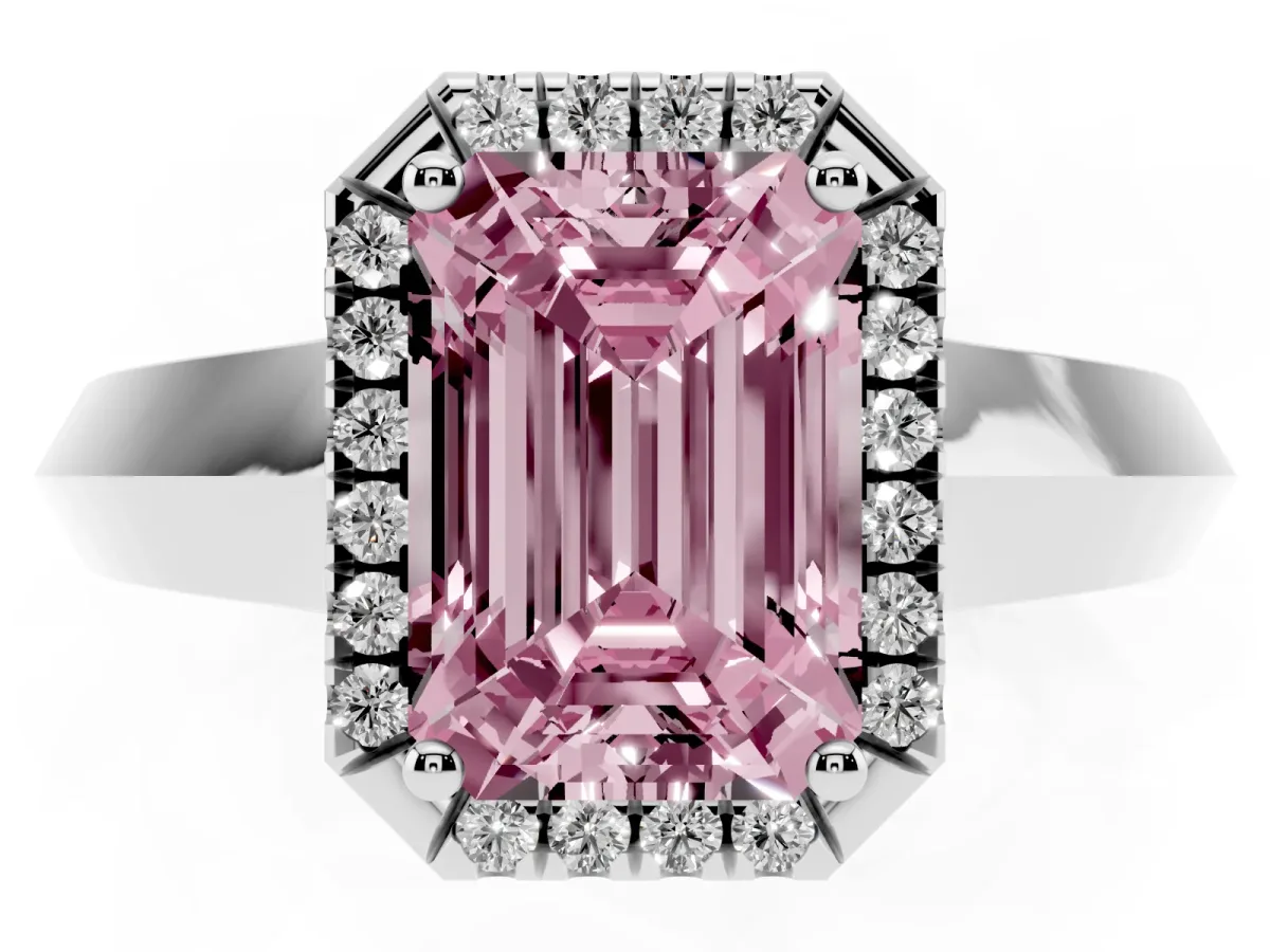Fancy Pink Emerald Cut Halo Diamond Ring with Cathedral Band and Four-Prong Setting Silver