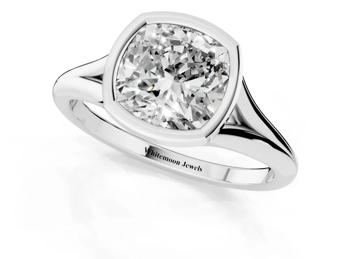 Bezel Set Cushion Cut Cut Solitaire Ring with Tapered Band Silver