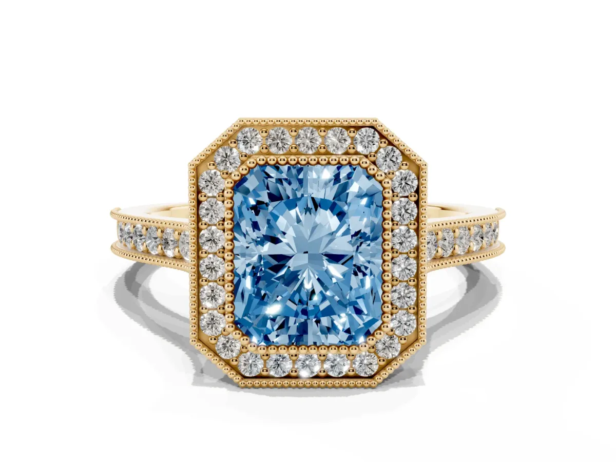 Fancy Blue Halo Radiant Cut-Cut Diamond Pave Band Milgrain Prong Setting Ring Yellow gold