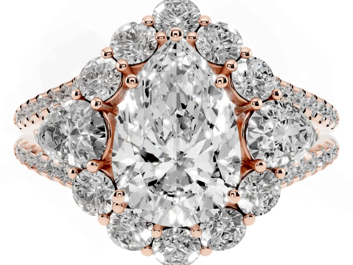 Pear Cut Halo Split Shank Diamond Engagement Ring with Prong Setting Rose gold