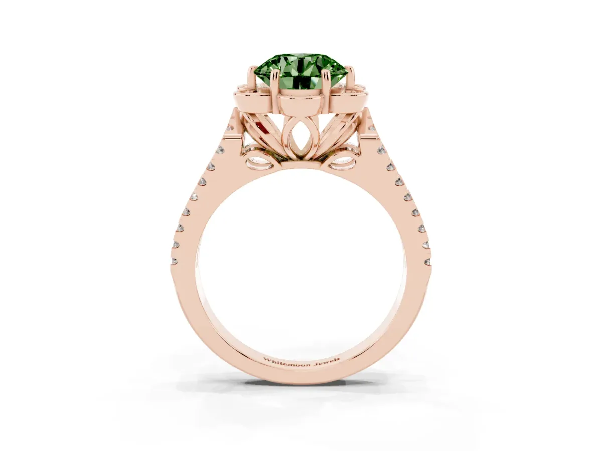 Fancy Green Round Cut Halo Diamond Floral Split Shank Engagement Ring Rose gold