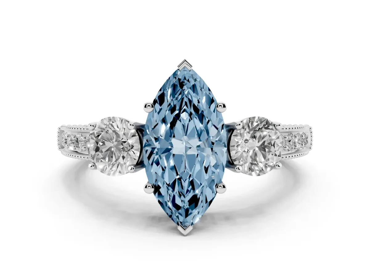Fancy Blue Marquise Cut Three-Stone Diamond Ring with Pavé Band and Four-Prong Setting Silver