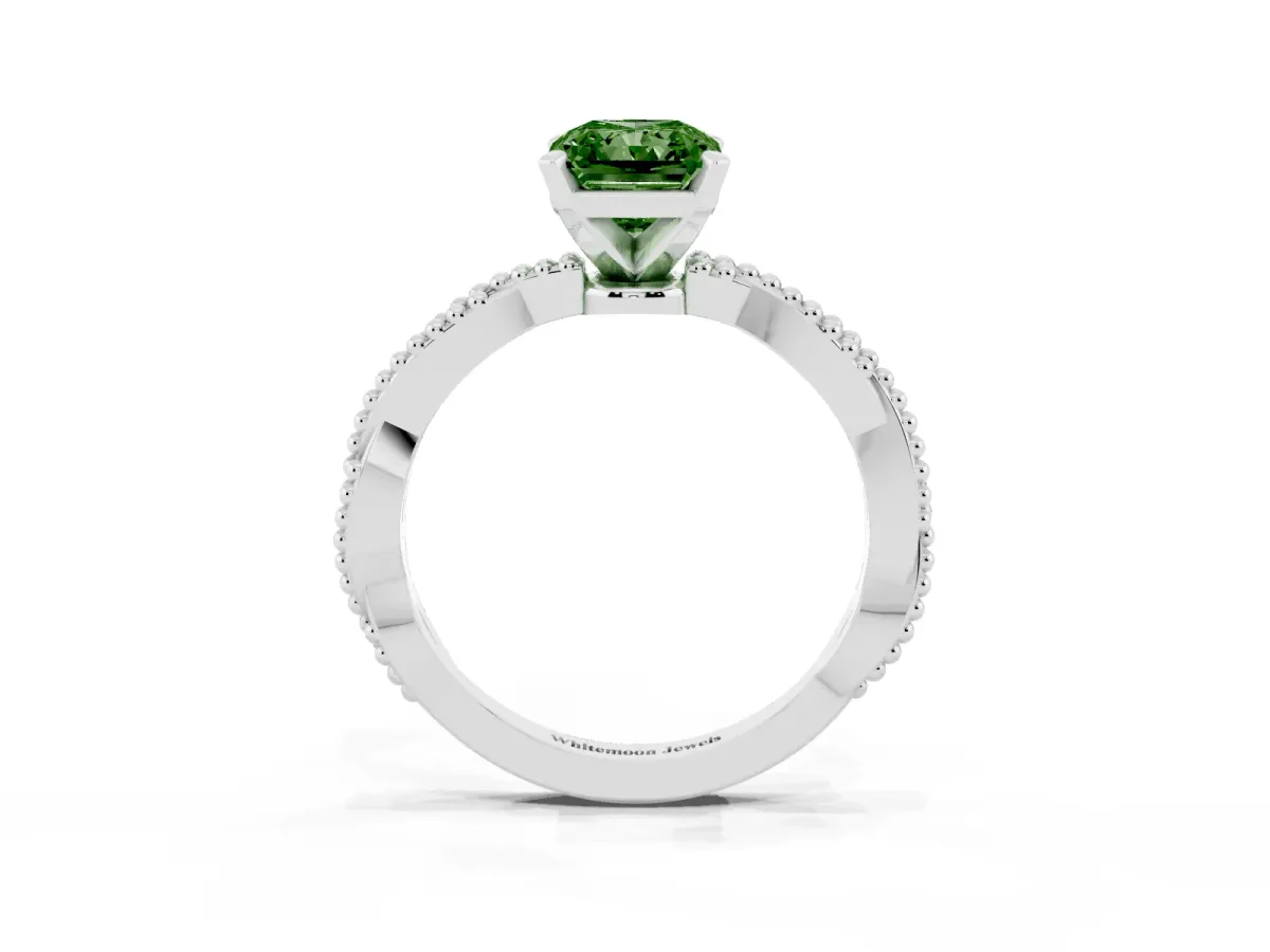 Fancy Green Radiant Cut Solitaire Twisted Band with Bead Prong Setting Silver