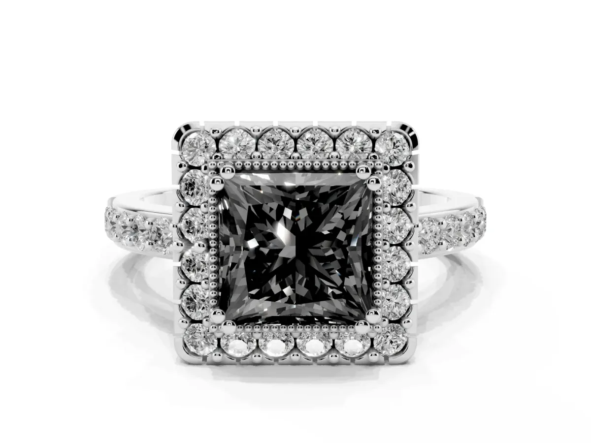Fancy Black Princess Cut Diamond Halo Ring with Pavé Band and Prong Setting Platinum