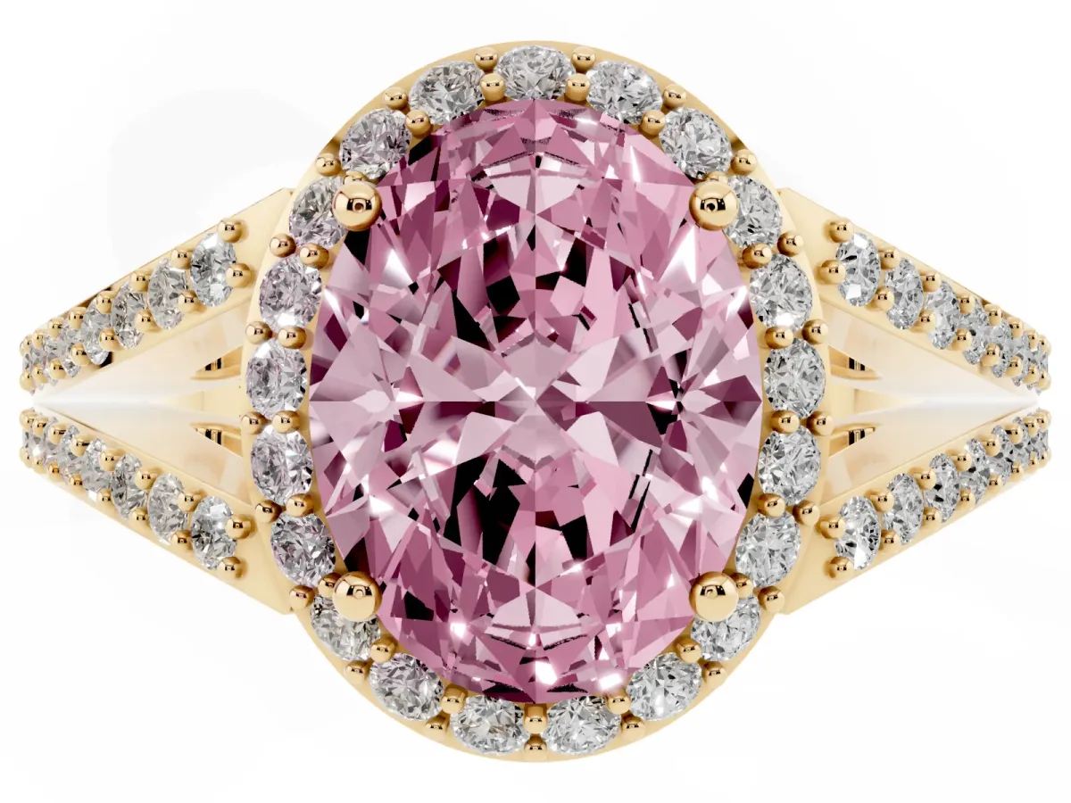 Fancy Pink Oval Cut Halo Split Shank Diamond Ring with Prong Setting Yellow gold