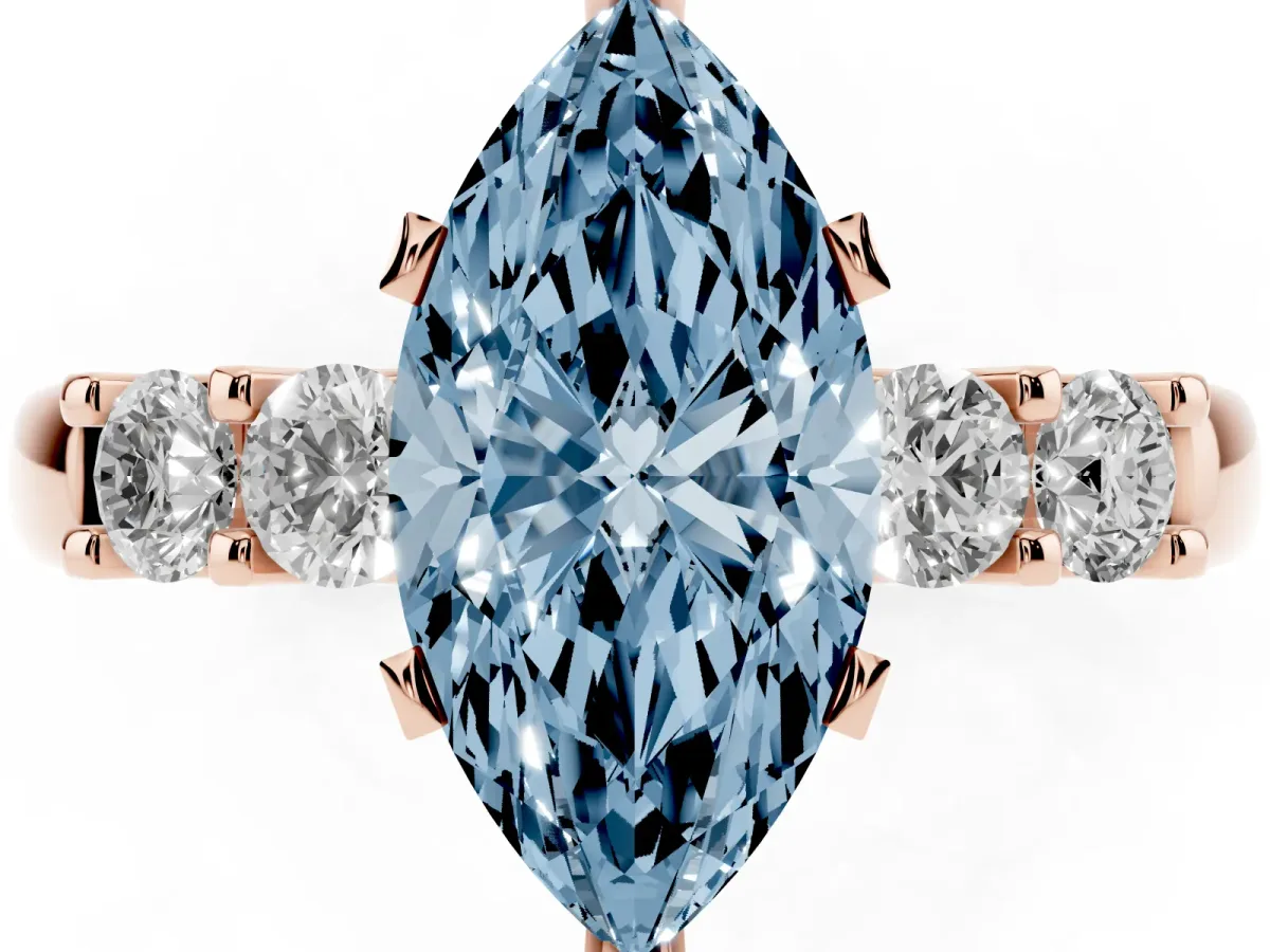 Fancy Blue Marquise Cut Brilliant Cut Diamond Five-Stone Prong Set Engagement Ring with Channel Band Rose gold