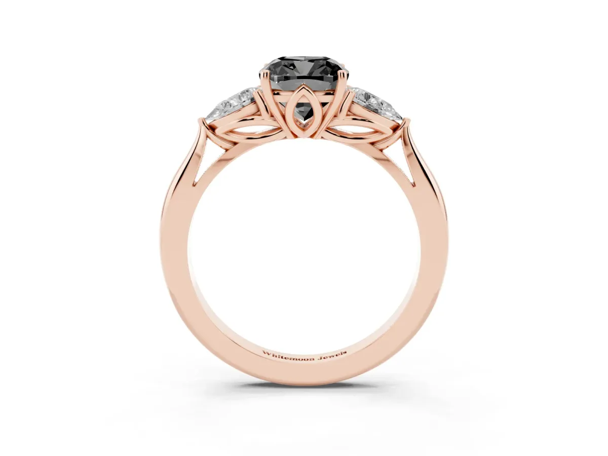 Fancy Black Cushion Cut Diamond Three-Stone Ring with Pear Side Stones and Prong Setting Rose gold
