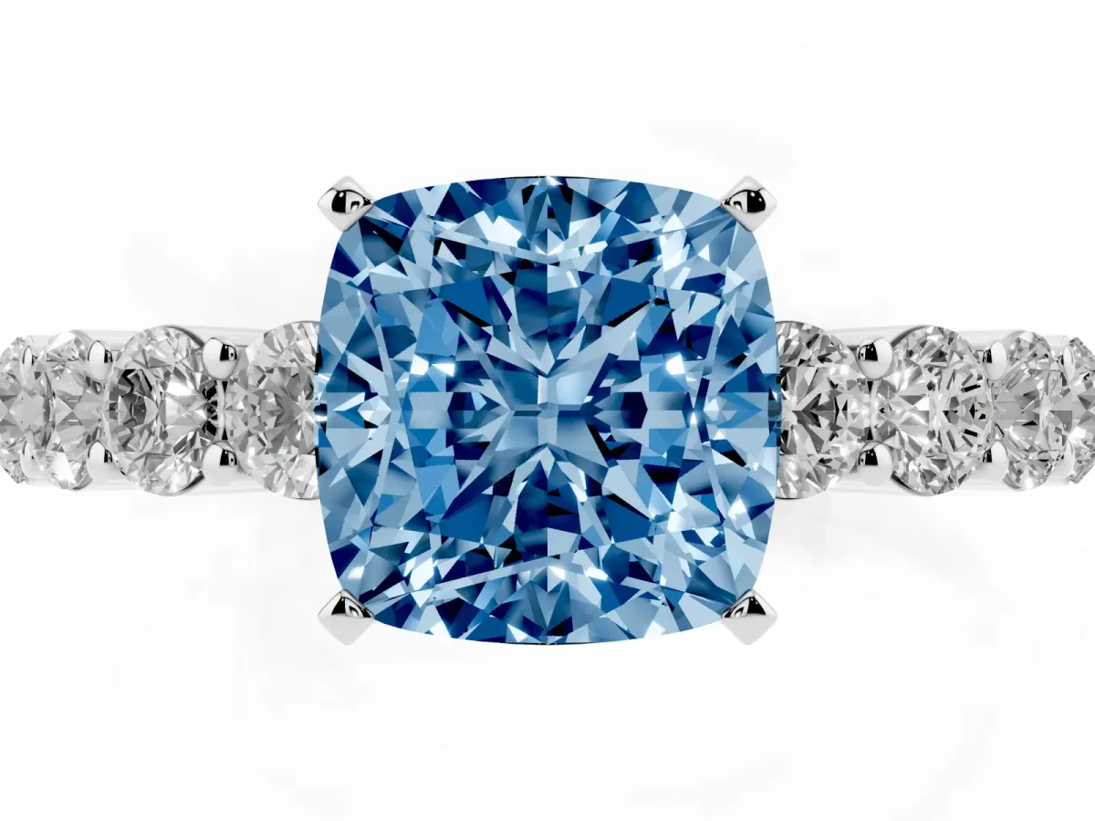 Fancy Blue Cushion Cut Diamond Solitaire Ring with Shared Prong Round Side Stones Platinum