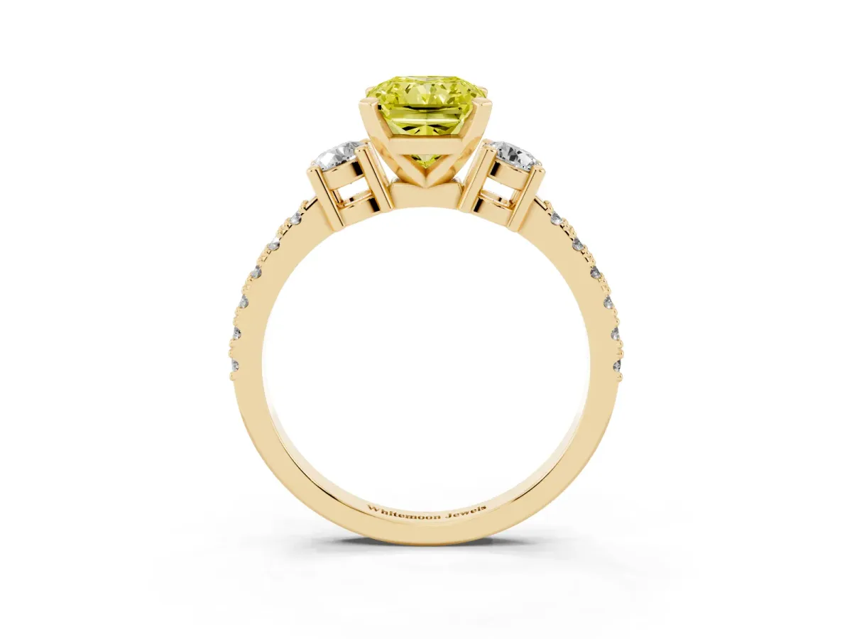 Fancy Yellow Radiant Cut Three-Stone Diamond Pavé Band with Prong Setting Yellow gold