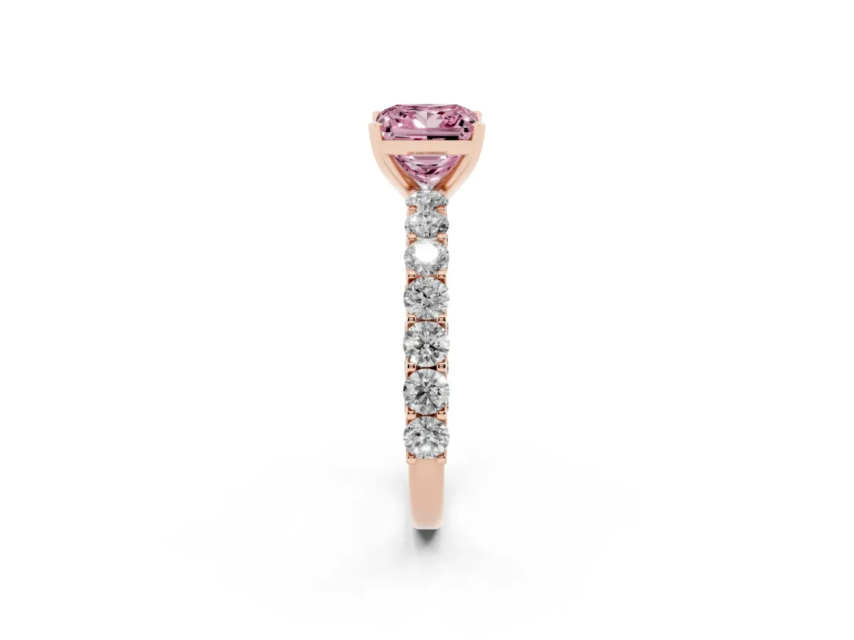Fancy Pink Princess Cut Diamond Solitaire Ring with Shared Prong Pavé Band and Four-Prong Setting Rose gold