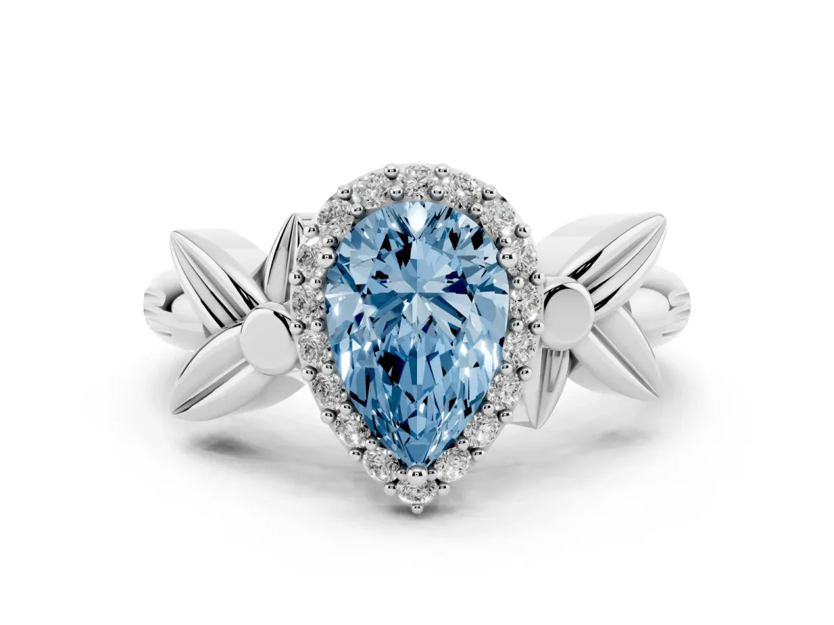 Fancy Blue Pear Cut Halo Diamond Floral Band with Four-Prong Setting Silver