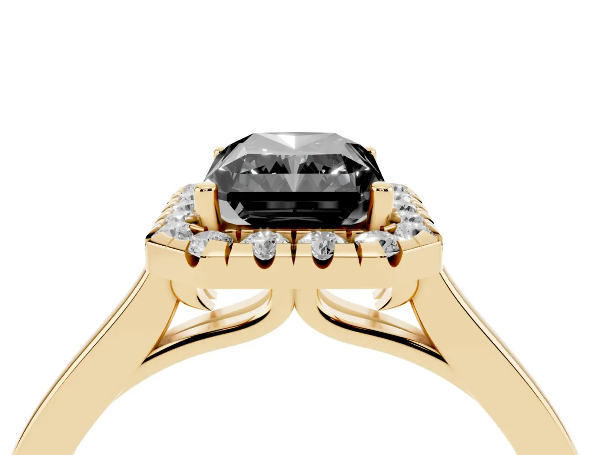 Fancy Black Radiant Cut Halo Round Diamond Solitaire Ring with Pavé Band and Four-Prong Setting Yellow gold