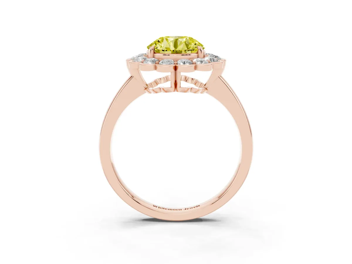 Fancy Yellow Round Cut Halo Cluster Diamond Engagement Ring with Solitaire Band and Prong Setting Rose gold