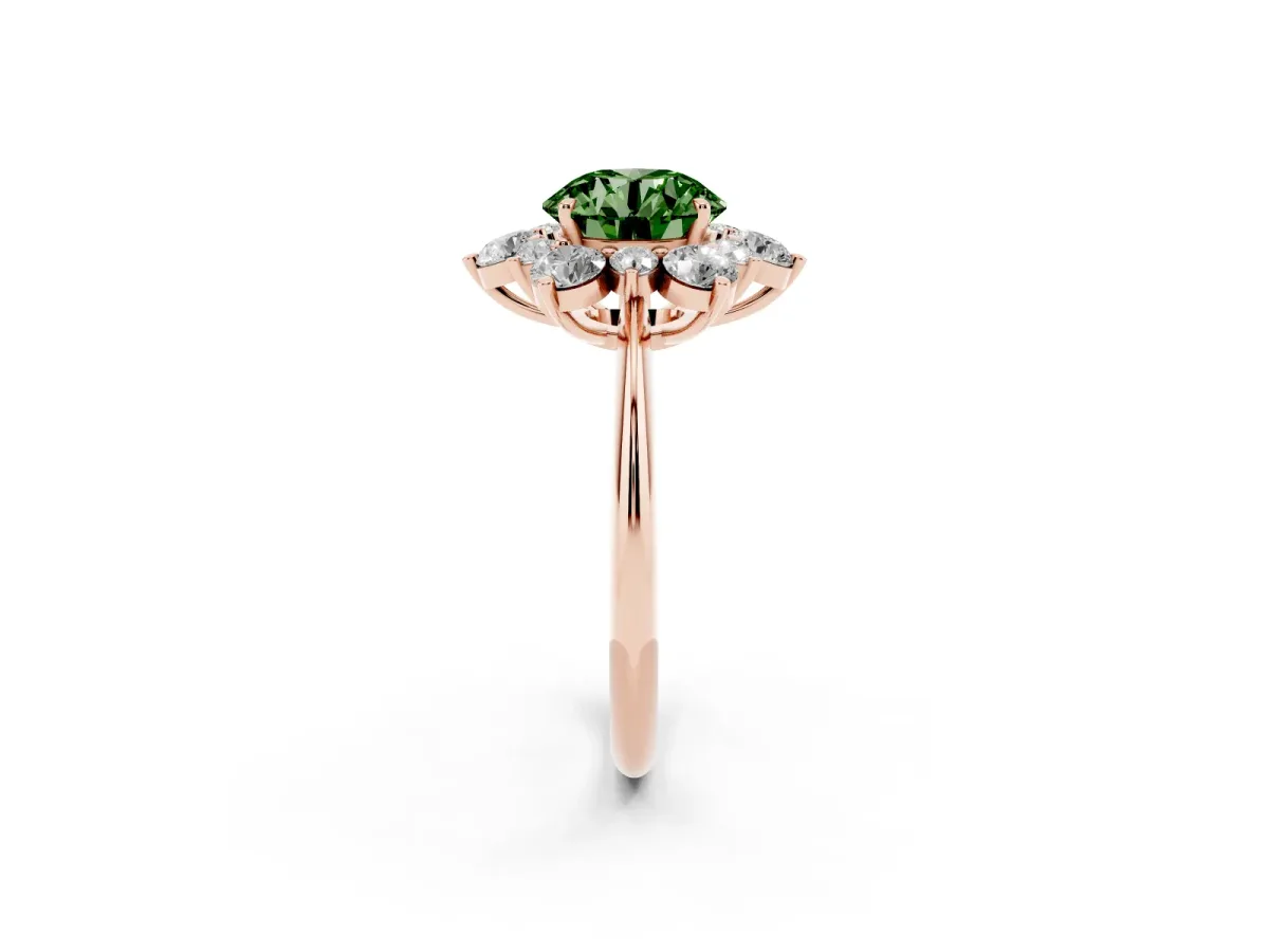 Fancy Green Round Cut Diamond Cluster Halo Ring with Solitaire Band and Four-Prong Setting Rose gold